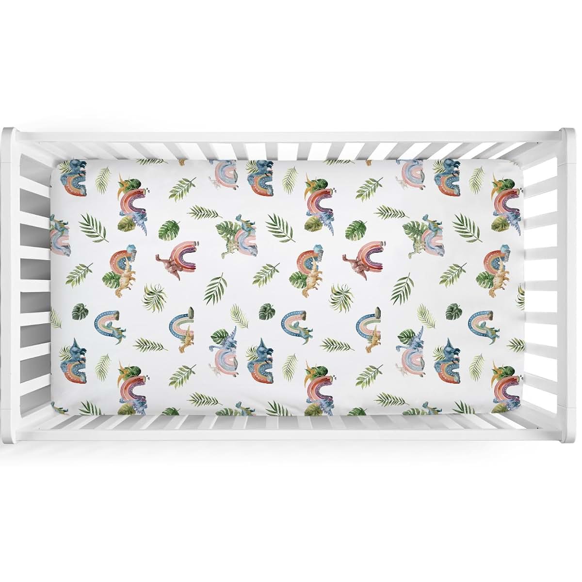 Hwmmbh Colorful Dinosaurs Rainbow Tropical Leaves Baby Crib Sheet, 52''x28'' Stretch Fitted