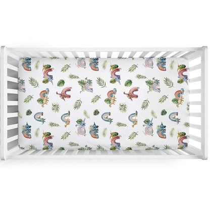 Hwmmbh Colorful Dinosaurs Rainbow Tropical Leaves Baby Crib Sheet, 52''x28'' Stretch Fitted