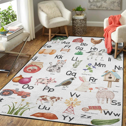 Cute Farm Life ABC Learning Indoor Area Rug for Nursery Decor