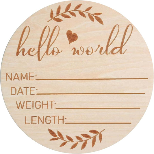LumiNest Gifts Wooden Hello World Name Plaque for Hospital | 5.9 Inch Wooden Baby Name Birth Stats Photo Prop for