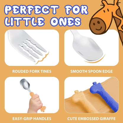 lohodo Toddler Spoon and Fork Set, 18/8 Stainless Steel Silverware with Travel Case, Blue & Yellow Giraffe, Age 3+