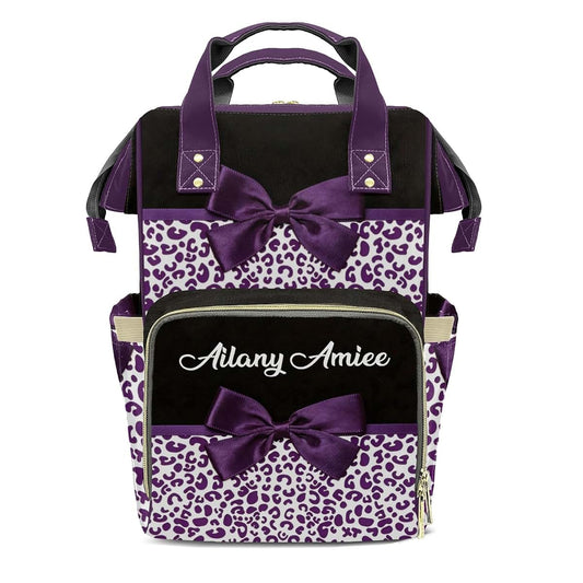 LiSoAkWE Customizable Large Capacity Print Leopard Purple Bow Diaper Bag Personalized Name,Waterproof Multi-Function