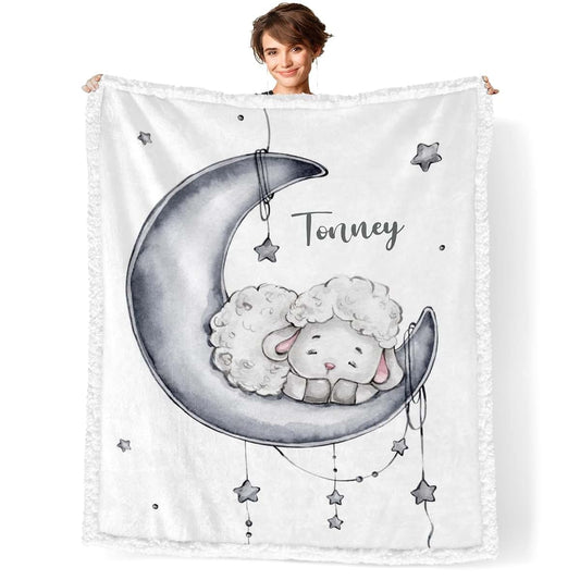 NZOOHY Sleep Lamb Moon Personalized Sherpa Baby Blankets for Boys Girls,Soft Newborn Naps Custom Name Blanket for