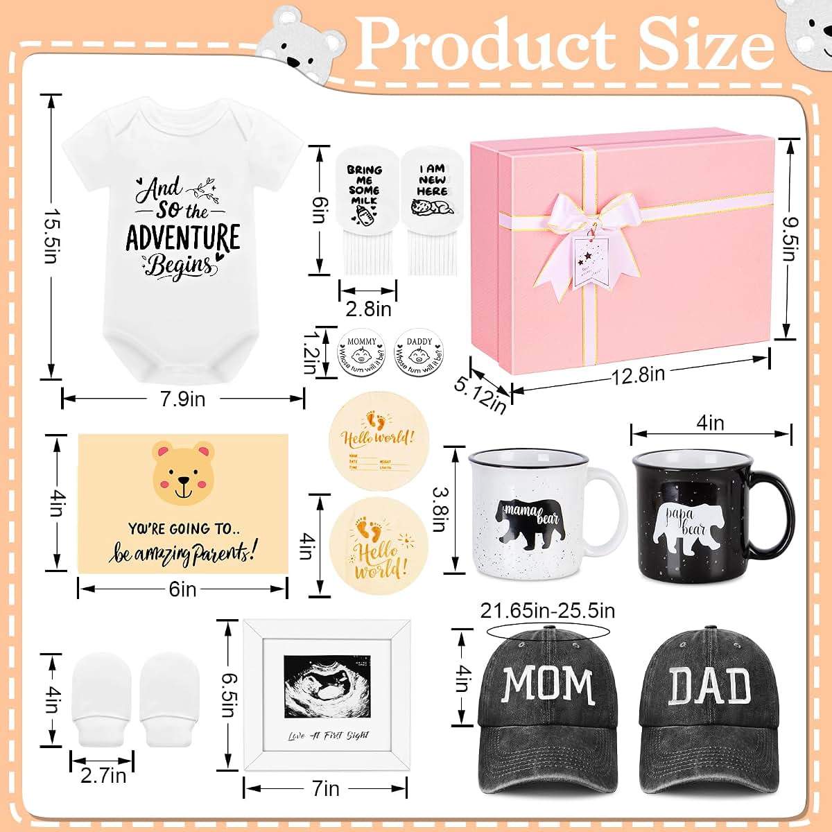 New Parents Gift Basket With Decision Coin, Ultrasound Frame & Caps