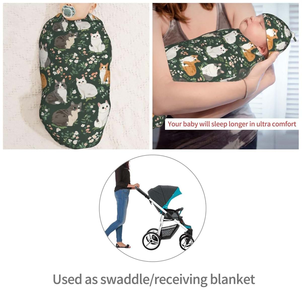 Muishi Cats Flowers Newborn Swaddle Blanket and Hat Set