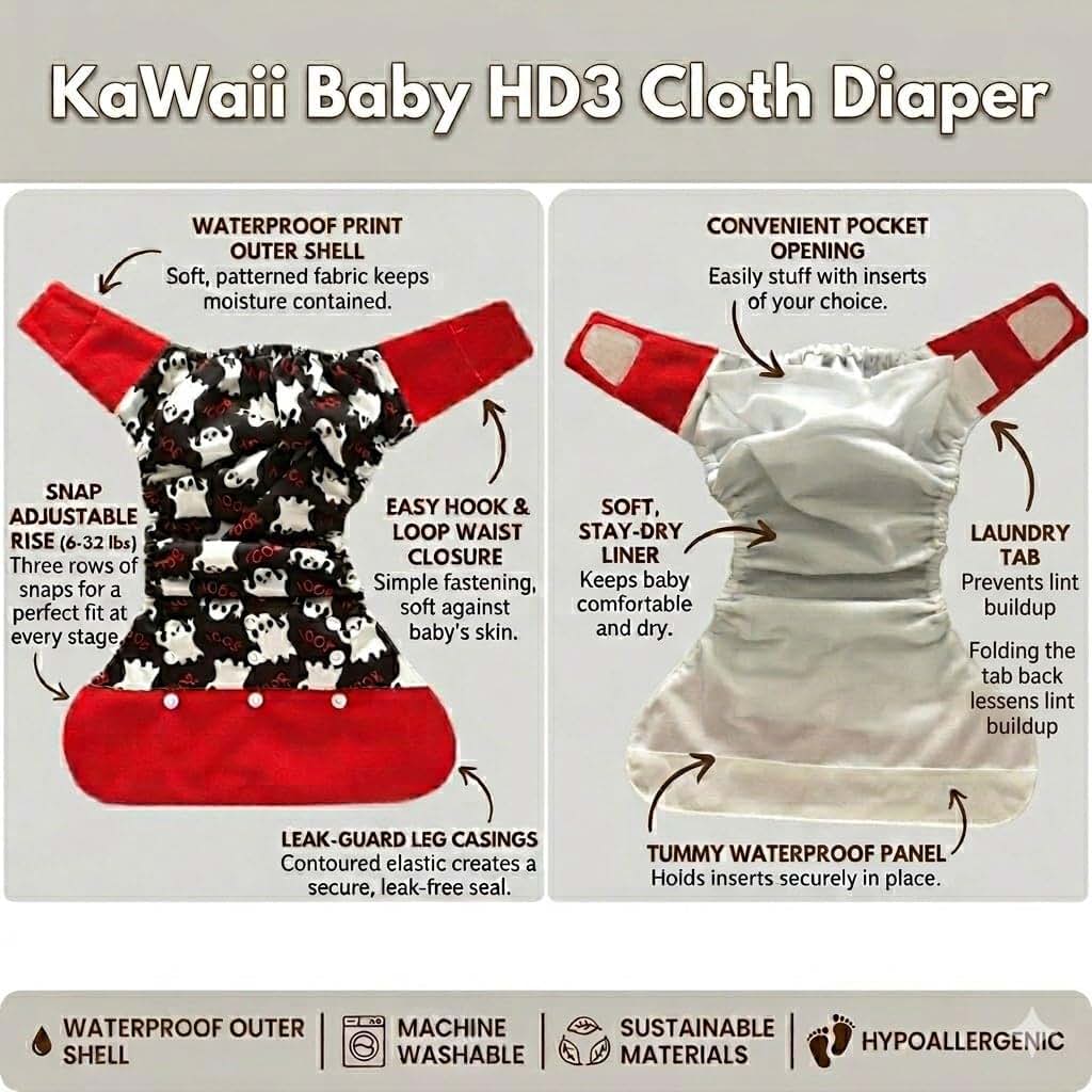 KaWaii Baby One Size HD3 Reusable Cloth Diapers With Inserts