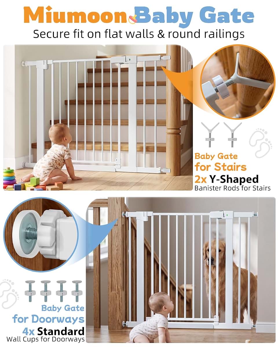 Miumoon Pressure Mounted Baby Gate for Stairs & Doorways, 29.5 to 46 Inches x 30.5 Inches Tall