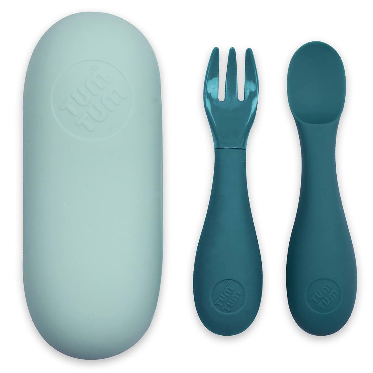 TUM TUM Baby Cutlery Set, Silicone Spoon & Fork with Travel Case, Blue