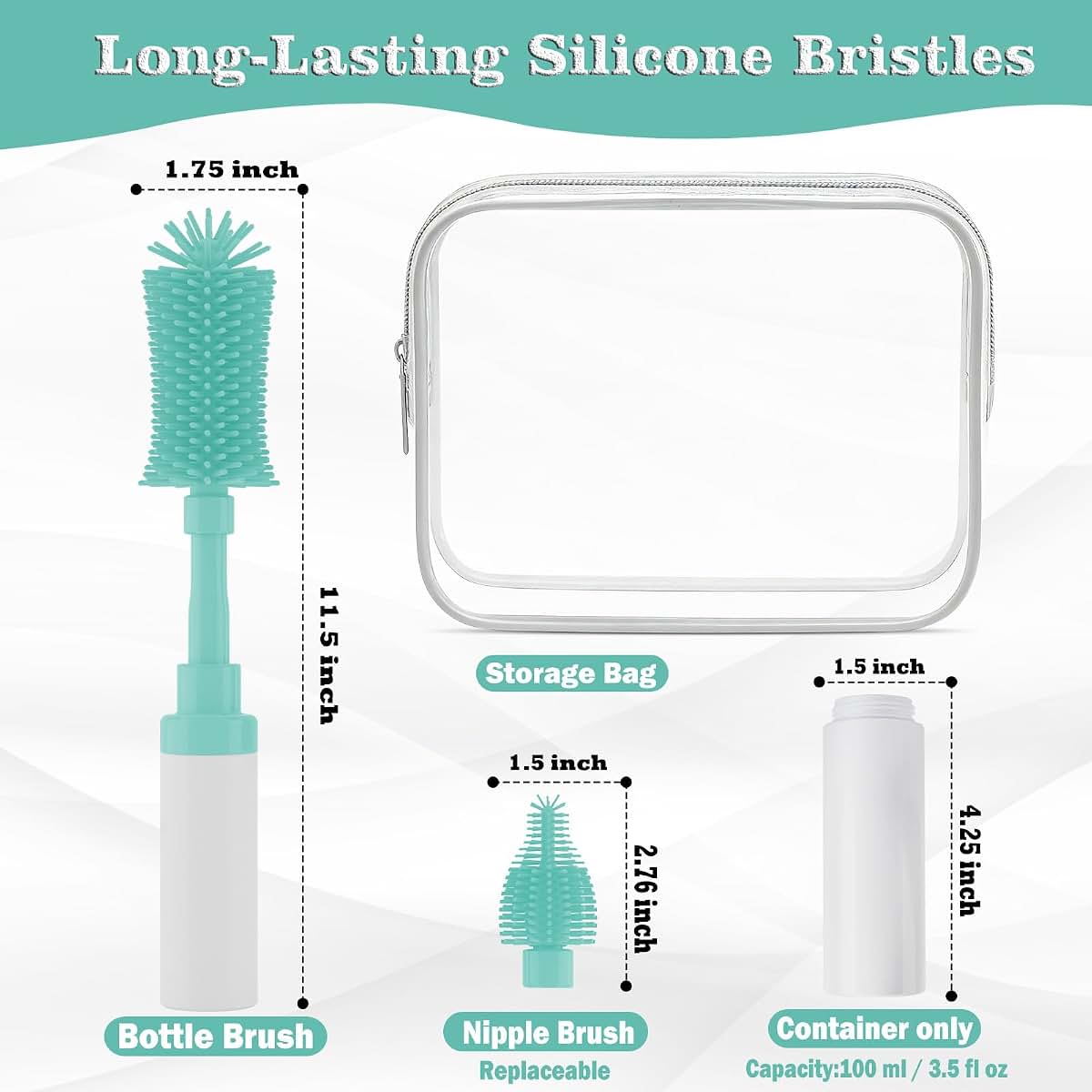 ZTX Push-to-Foam Silicone Bottle Brush Set Blue with Travel Bag