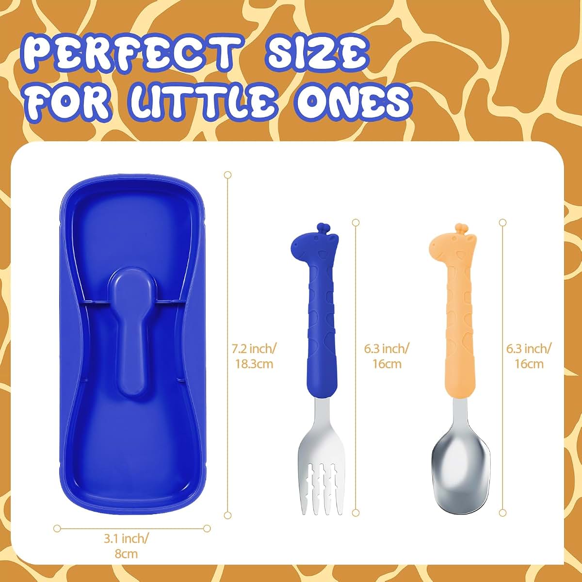 lohodo Toddler Spoon and Fork Set, 18/8 Stainless Steel Silverware with Travel Case, Blue & Yellow Giraffe, Age 3+