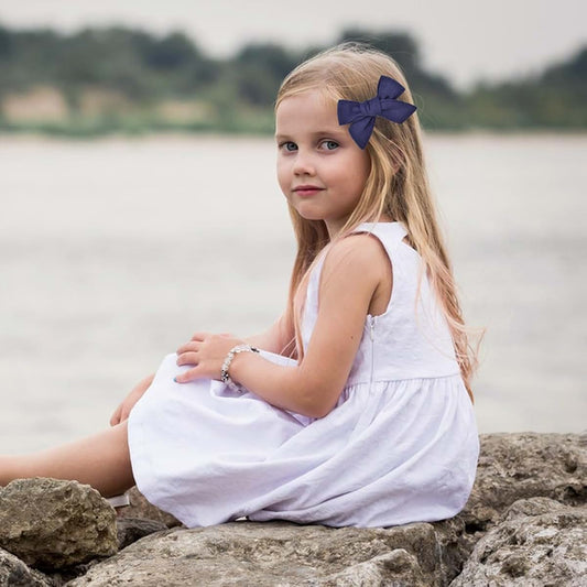 BabyOneStop Fable Hair Bow Clip Set with 5-Inch and 3-Inch Bows in Navy Blue