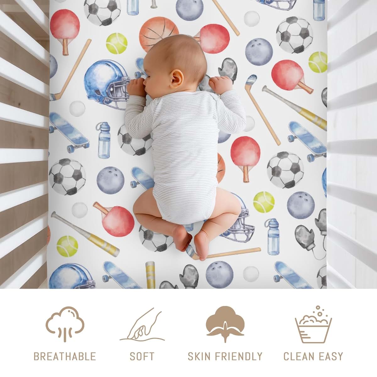 Selgkds Watercolor Sport Baby Crib Sheets for Boys Soccer Basketball Baseball Golf Tennis Soft Snug Fitted Crib