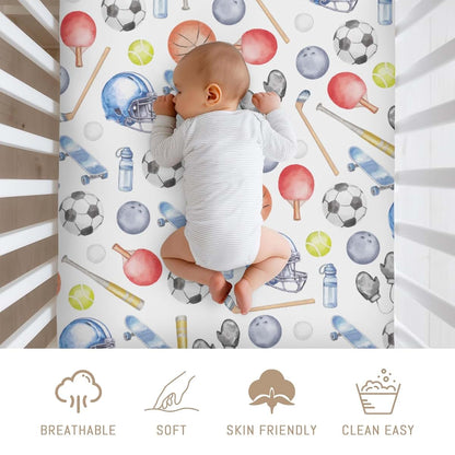 Selgkds Watercolor Sport Baby Crib Sheets for Boys Soccer Basketball Baseball Golf Tennis Soft Snug Fitted Crib