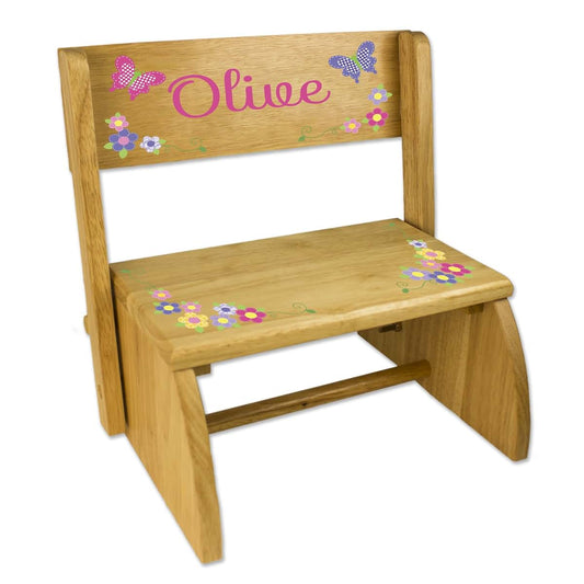 My Bambino Personalized Kids Step Stool | Butterfly Garland Step Stool Bench Seat | Custom Name Toddler Bathroom &