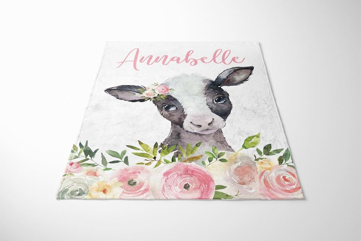 UnoCo Cow Blanket, Personalized Floral Throw, Girl Nursery, Crib Bedding, Gift (photo 2)