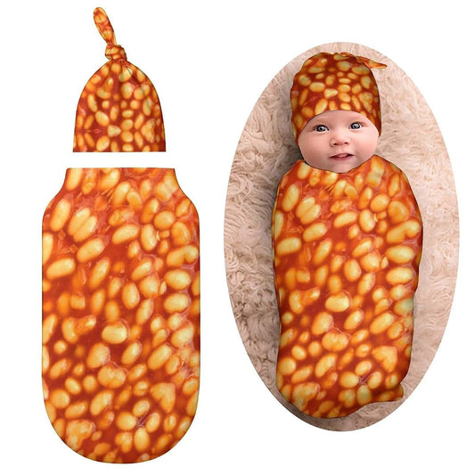 Qiohoey 3D Funny Realistic Food Baked Beans Saltine Cracker Newborn Baby Swaddle Blanket with Beanie Hat, Receiving