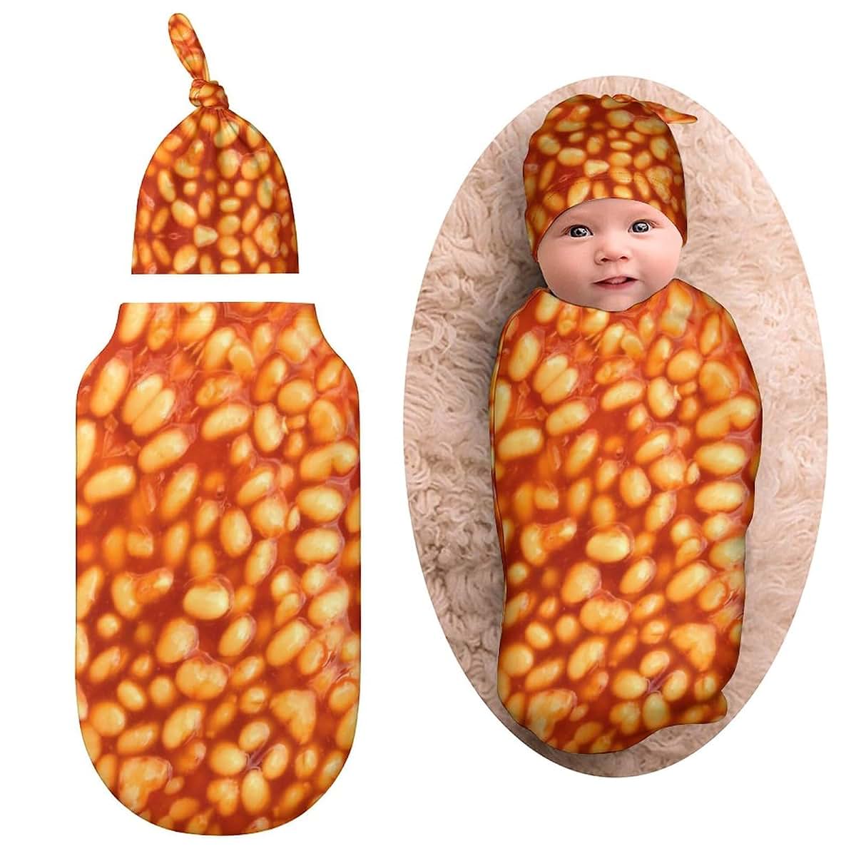 Qiohoey 3D Funny Realistic Food Baked Beans Saltine Cracker Newborn Baby Swaddle Blanket with Beanie Hat, Receiving