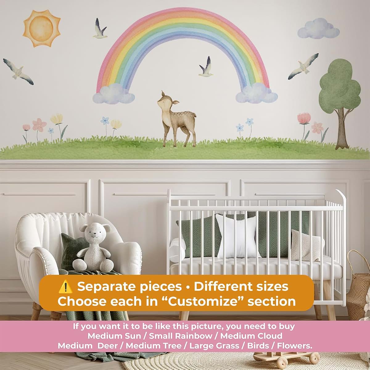 LALACORNE Boho Rainbow Wall Decal Set with Deer, Sun, Clouds, Tree, Grass & Birds – Watercolor Woodland Nursery Wall
