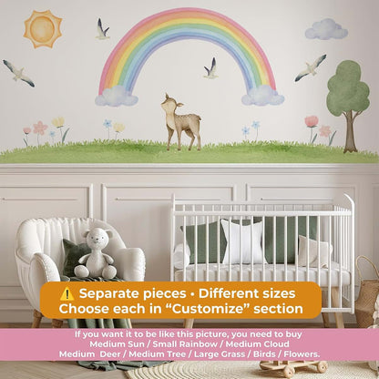 LALACORNE Boho Rainbow Wall Decal Set with Deer, Sun, Clouds, Tree, Grass & Birds – Watercolor Woodland Nursery Wall