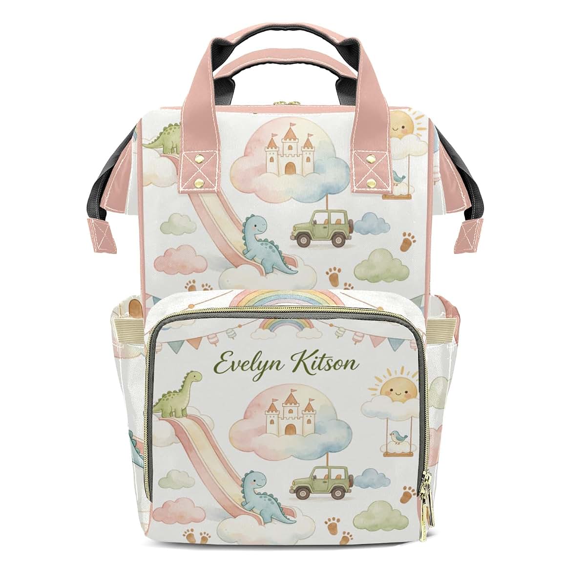 YallLocoMo Personalized Diaper Bag Backpack Gift Watercolor Fairy Tale Castle Dinosaur Convenient and Durable: