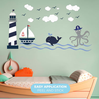 BabyOneStop Lighthouse Whale and Octopus Wall Decal for Kids Room, 40 x 22 Inch