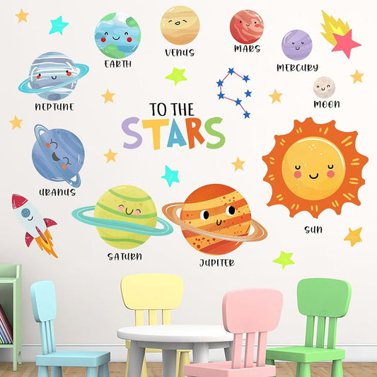 Watercolor Outer Space Galaxy Wall Decals for Kids Room Nursery Decor