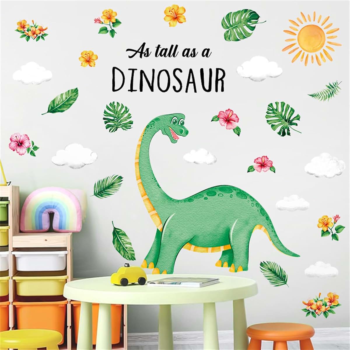 BabyOneStop Watercolor Dinosaur Wall Decals, 2-Panel 35.4x23.6 Inch Removable Jungle Mural for Nursery and Kids Bedroom