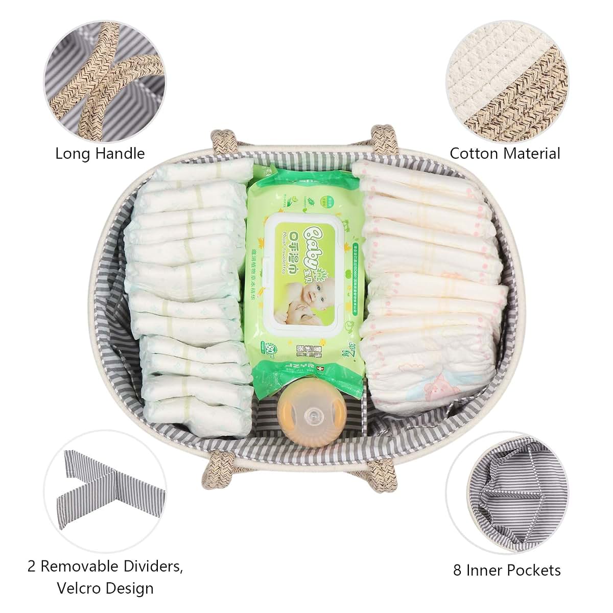 maxgoods Baby Diaper Caddy Organizer with Removable Dividers, Cotton Rope Storage Basket