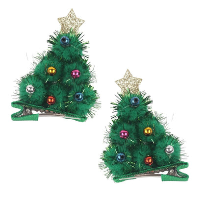 BabyOneStop Green Christmas Tree Hair Clips, 2-Pack with Pearl and Star Design for Girls
