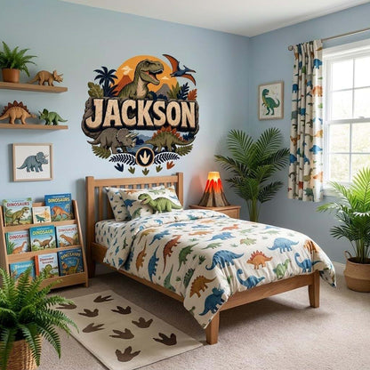 KemonoKing T Rex Stegosaurus Triceratops Vinyl Mural Name Art for Bedroom, Personalized Dinosaur Wall Decor with Custom