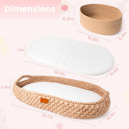 D'OR BABY Handmade Baby Changing Basket Set with a Soft Changing Pad and Waterproof Cover,Diaper Organizer,Rattle