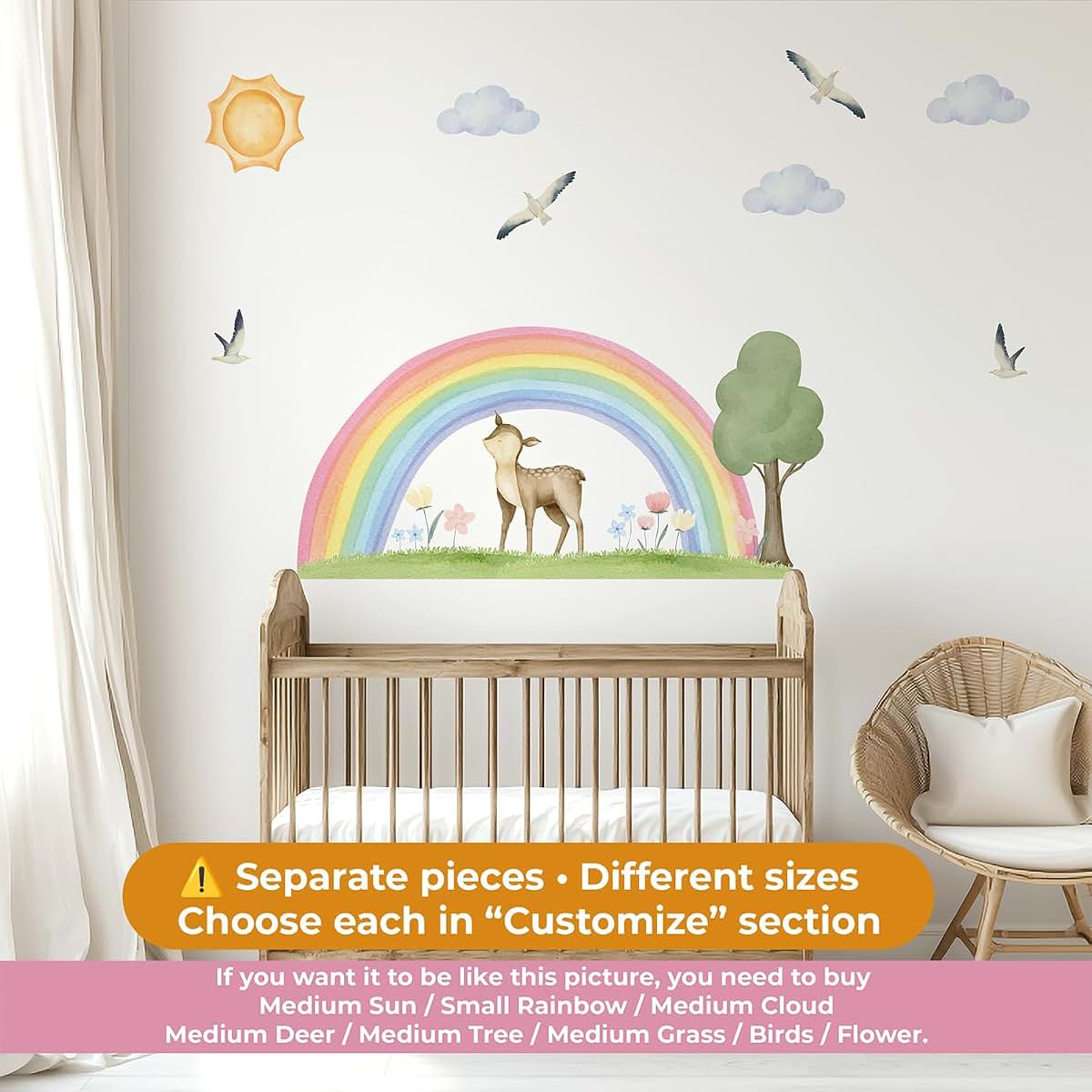 LALACORNE Boho Rainbow Wall Decal Set with Deer, Sun, Clouds, Tree, Grass & Birds – Watercolor Woodland Nursery Wall