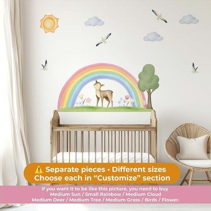 LALACORNE Boho Rainbow Wall Decal Set with Deer, Sun, Clouds, Tree, Grass & Birds – Watercolor Woodland Nursery Wall