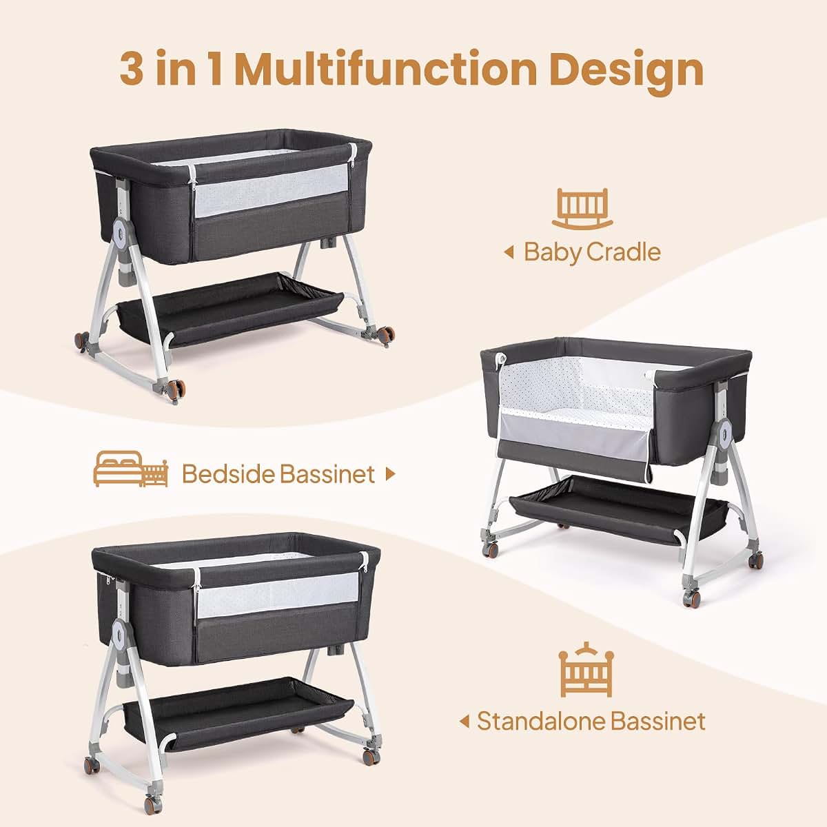 JOYMOR 3-in-1 Bedside Baby Bassinet, 6 Height Adjustable