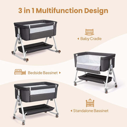 JOYMOR 3-in-1 Bedside Baby Bassinet, 6 Height Adjustable