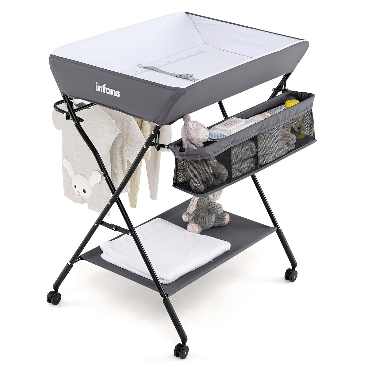 INFANS Portable Baby Changing Table with Wheels, Folding Diaper Station, Storage Basket, Adjustable Height, Gray