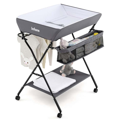 INFANS Portable Baby Changing Table with Wheels, Folding Diaper Station, Storage Basket, Adjustable Height, Gray