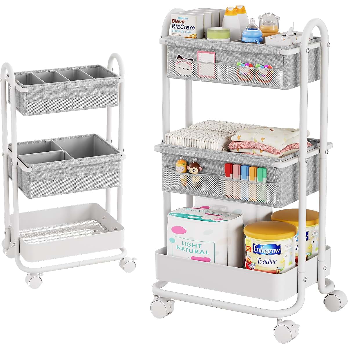 Modanais Baby Diaper Caddy Organizer Cart - 3 Tier Rolling Cart, Light Gray