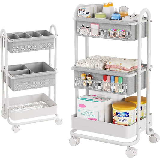 Modanais Baby Diaper Caddy Organizer Cart - 3 Tier Rolling Cart, Light Gray
