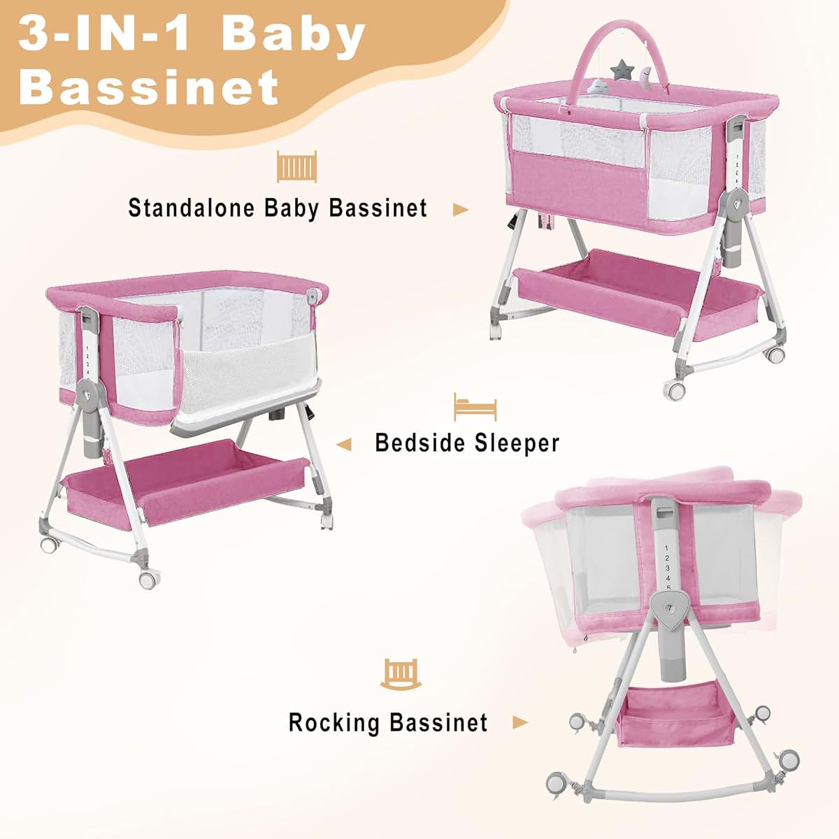 MEICHYUN 3-in-1 Baby Bassinet with Hanging Toys, Mesh Sides, Pink