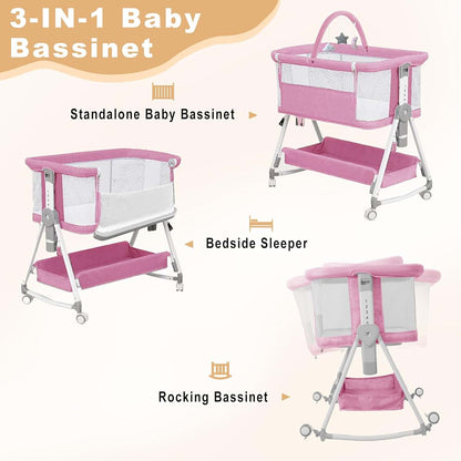 MEICHYUN 3-in-1 Baby Bassinet with Hanging Toys, Mesh Sides, Pink