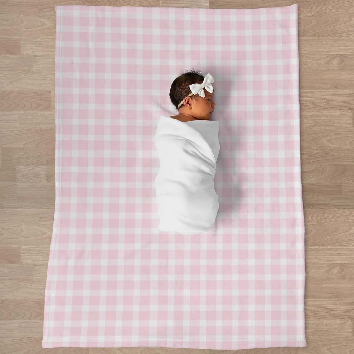 Selgkds Pink Plaid Baby Blanket In Pastel Gingham Check (photo 3)