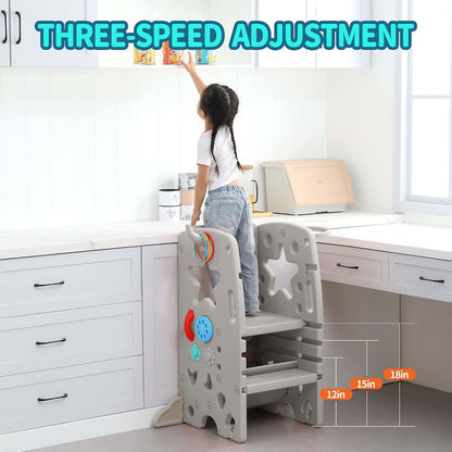 UNICOO Multifunctional Kids Step Stool with Double Safety Rails and Adjustable Height, Grey