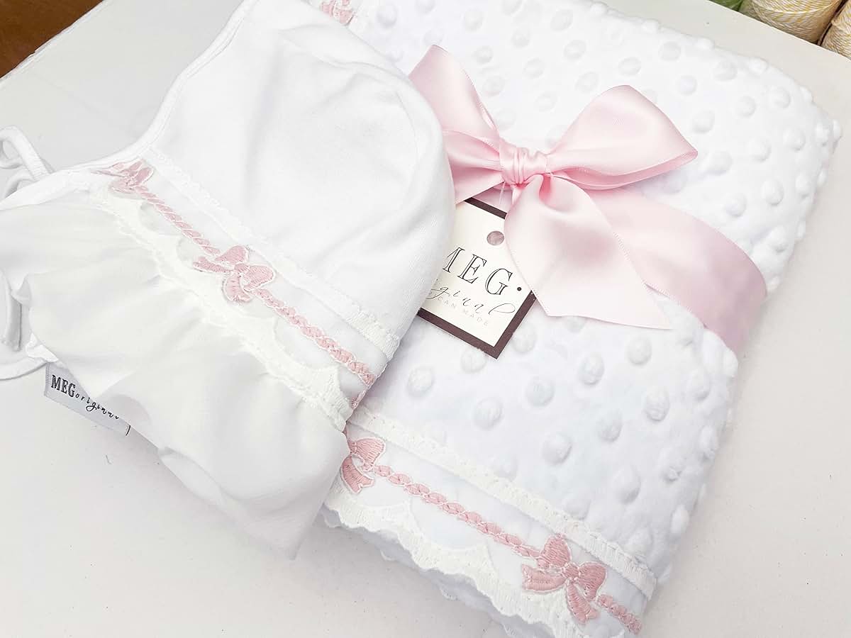 MEG ORIGINAL Baby Girl Blanket & Bonnet Gift Set- Heirloom Collection - White with Pink Bows, Super Soft Minky