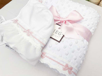 MEG ORIGINAL Baby Girl Blanket & Bonnet Gift Set- Heirloom Collection - White with Pink Bows, Super Soft Minky