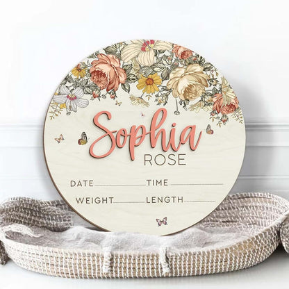 MEMOLEBIA Floral Baby Name Sign – Personalized Wooden Birth Announcement Plaque, Newborn Photo Prop, Baby Name Reveal