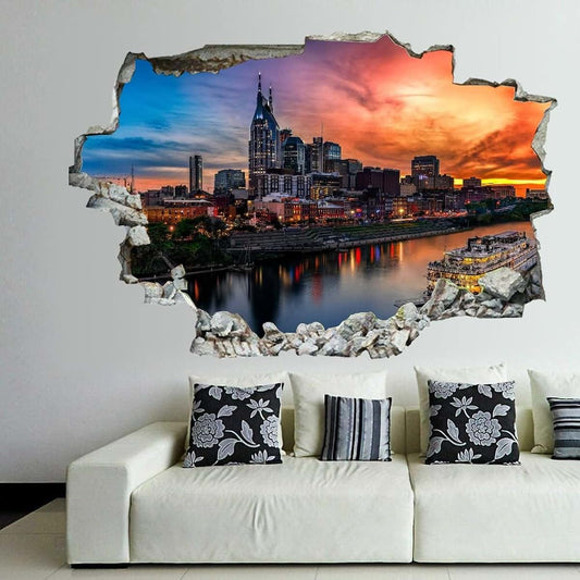 Higoss Nashville Boat 3D Broken Wall Sticker Landscape Decal
