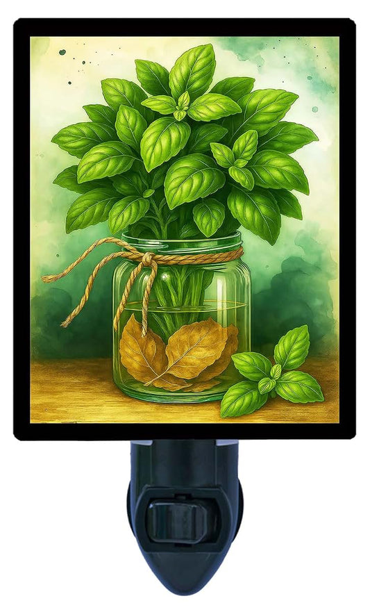 Night Light Designs LED Night Light, Basil Jar – Kitchen Herb Design, Fully Enclosed, Rotating Plug, Glass Front