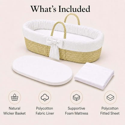 Ababy Moses Basket With Mattress, Fabric Liner & Polycotton Fitted Sheet - White Eyelet (photo 2)