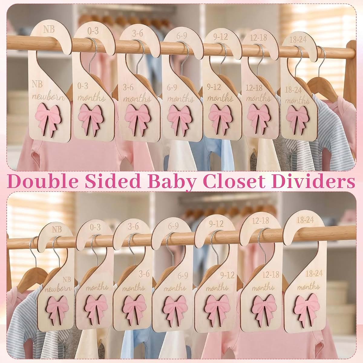 7-Piece Wooden Baby Closet Dividers with 3D Pink Bow, Double-Sided Nursery Organizer 0-24 Months